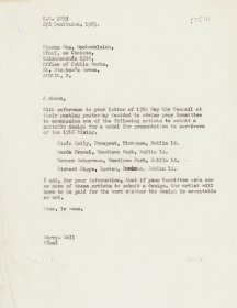 Letter from Mervyn Wall, Secretary of the Arts Council to Piaras Mac Lochlainn, Office of Public Works. 